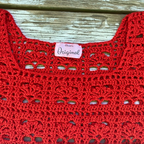 Vintage red crochet top, hollow knit, peek a boo retro shirt, Valentines, XS - Picture 11 of 14